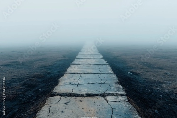 Obraz Cracked weathered stone pathway disappearing into dense misty fog.  
