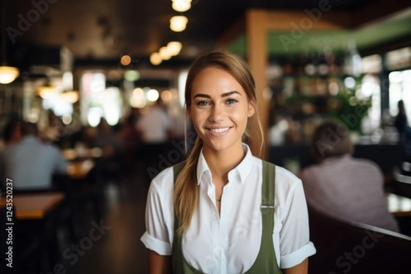 Obraz Smiling portrait of a young female Caucasian waitress in cafe