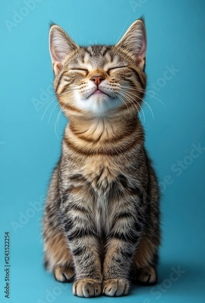 Fototapeta Charming Tabby Cat with Eyes Closed Relaxing Against a Soft Teal Background, Innocent and Playful Expressions Radiating Happiness and Contentment