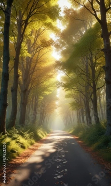 Fototapeta Winding forest road with trees on both sides and sunlight filtering through leaves , winding road, scenery, woodland