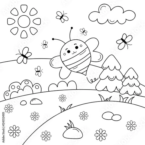 Fototapeta Bee in the meadow coloring page. Black and white drawing.  Vector illustration for coloring book. For children.