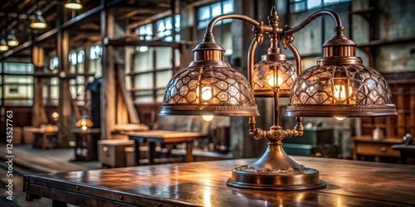 Obraz Antique copper lamp with intricate metalwork and glass shades on a wooden base in a dimly lit factory setting, factory setting