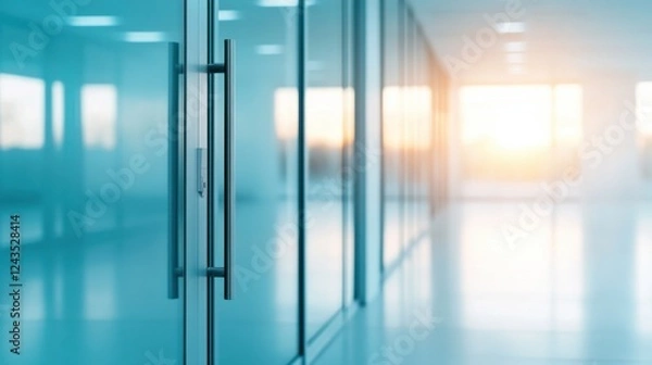 Fototapeta A modern office corridor with glass walls and a sleek door handle, illuminated by warm sunlight streaming in from outside.
