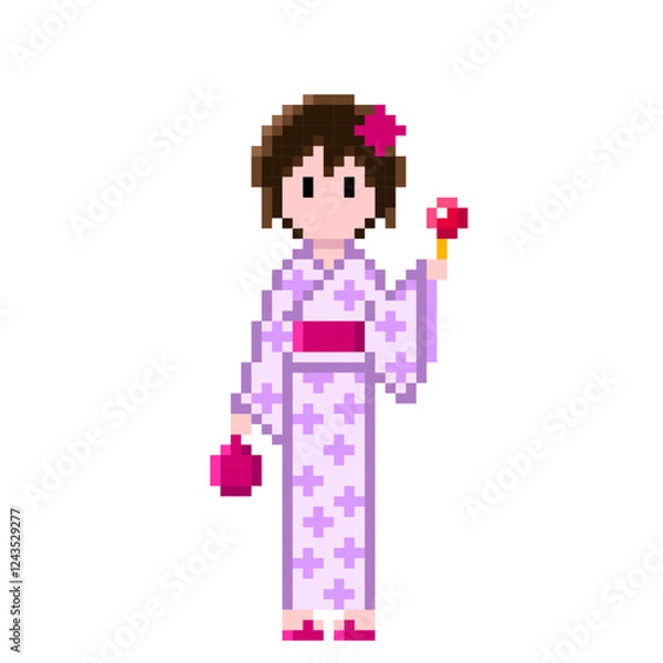 Obraz 薄紫の浴衣とピンクの帯、リンゴ飴と巾着袋を持った女性の可愛いドット絵 | ピクセルアート