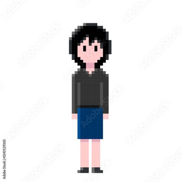 Obraz 黒シャツとタイトスカートを着た黒髪の女性のドット絵 | ピクセルアート | シックでスタイリッシュなビジネススタイル