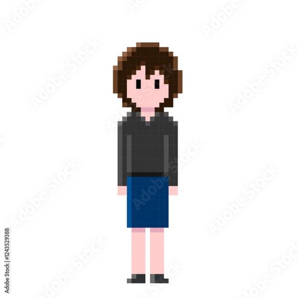 Obraz 黒シャツとタイトスカートを着た茶髪の女性のドット絵 | ピクセルアート | シックでスタイリッシュなビジネススタイル