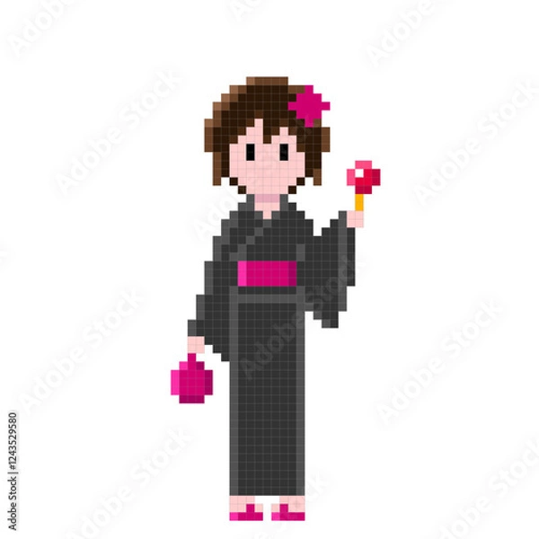 Obraz 黒っぽいシックな浴衣とピンクの帯、リンゴ飴と巾着袋を持った女性の可愛いドット絵 | ピクセルアート
