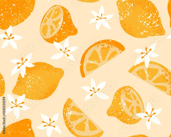 Fototapeta Summer lemon seamless pattern. Citrus fruit and flower background. Modern texture for cover, fabric, paper