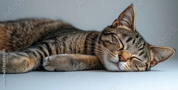 Fototapeta Cozy Tabby Cat Relaxing on a Soft Surface with Closed Eyes, Peaceful Expression, and Beautiful Resilient Fur in Soft Natural Light