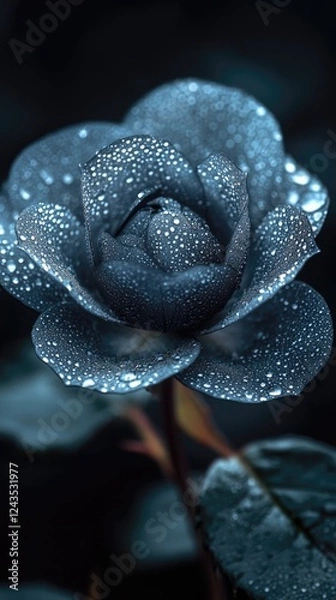 Fototapeta Close-up of a blue rose covered in dew drops, showcasing intricate petals against a dark background