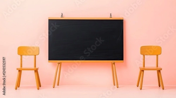 Fototapeta Minimalist classroom setting with a chalkboard and wooden chairs against a pink wall