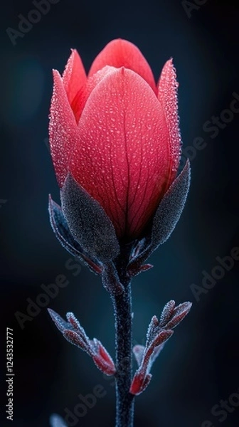 Fototapeta Close-up of a vibrant red flower bud covered in dew against a dark background