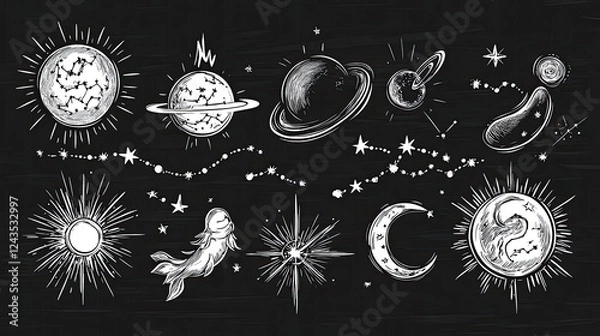 Fototapeta Celestial Illustrations Featuring Planets, Stars, and Cosmic Elements on a Dark Background
