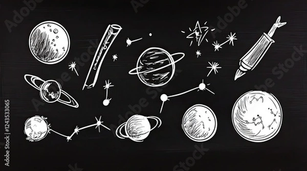 Fototapeta Creative illustration of planets, stars, and a telescope on a blackboard background, depicting space exploration
