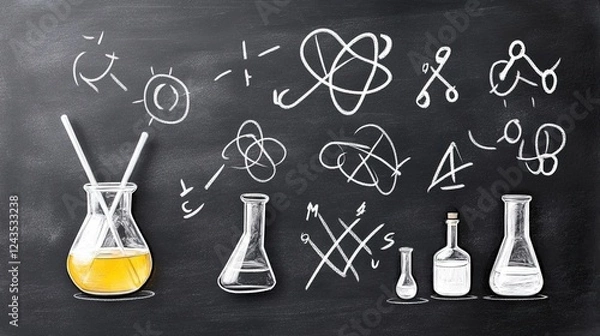Fototapeta Laboratory scene with glass beakers and chalkboard filled with scientific drawings and formulas