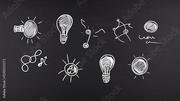 Fototapeta Hand-drawn light bulb sketches on a chalkboard, showcasing creativity and innovation in design