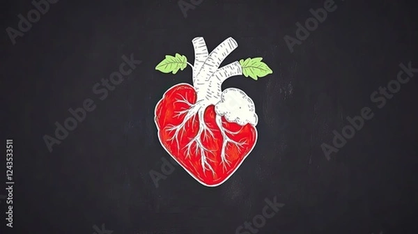 Fototapeta Illustrated heart anatomy with leafy elements against a dark background, symbolizing health