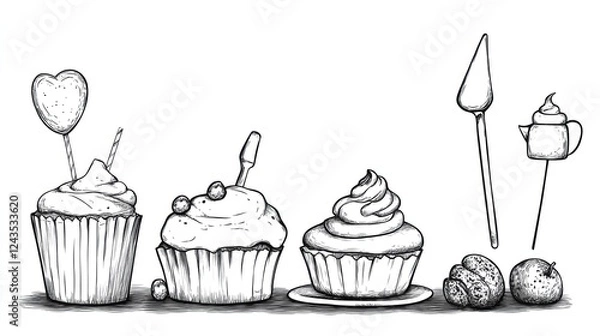 Fototapeta Hand-drawn illustration of various cupcakes with decorative elements and utensils