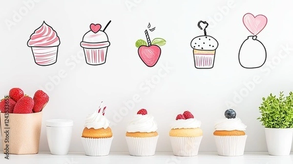 Fototapeta Colorful illustrations of desserts and fruits on a wall with cupcakes and strawberries in the foreground