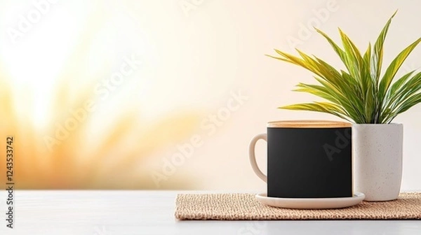 Fototapeta Minimalistic coffee cup and potted plant on a table with warm sunlight in the background