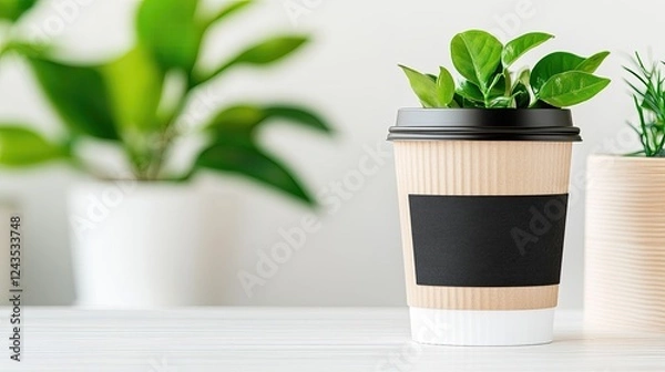 Fototapeta Eco-friendly coffee cup with plants inside, set against a minimalist background with greenery