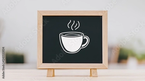 Fototapeta Minimalistic illustration of a steaming coffee cup on a blackboard-style background in a cozy caf?