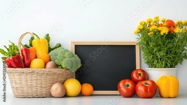 Fototapeta Fresh vegetables and fruits in a basket beside a chalkboard and blooming flowers on a table