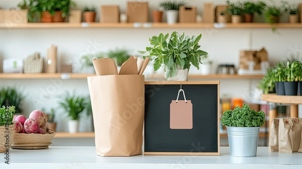 Fototapeta Fresh produce and potted plants displayed on a bright counter in a cozy market setting