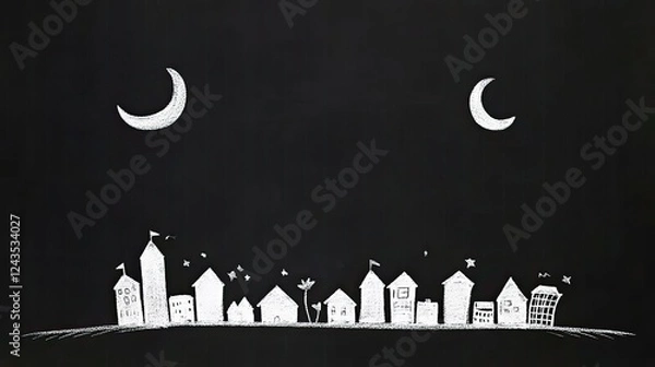 Fototapeta Whimsical chalk drawing of a night skyline with houses and crescent moons against a black backdrop