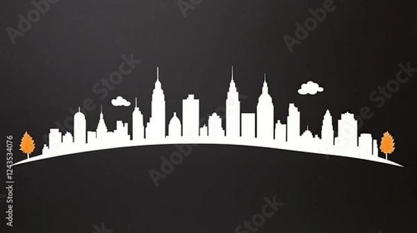 Fototapeta Silhouette of a city skyline against a dark background with stylized trees and clouds