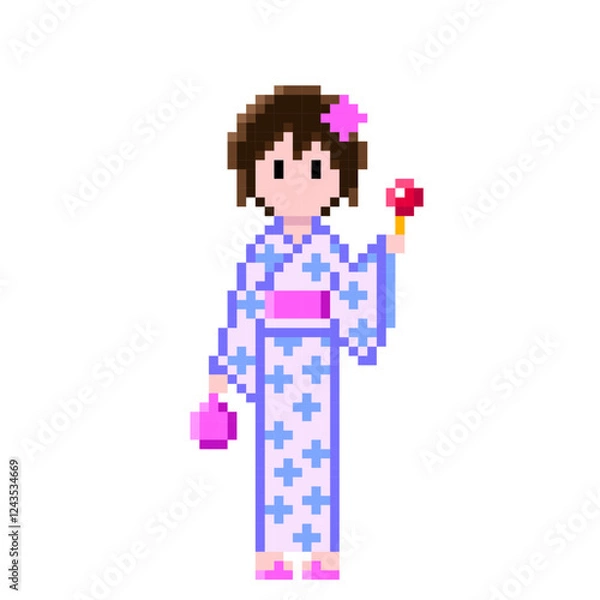 Obraz 水色の浴衣とピンクの帯、リンゴ飴と巾着袋を持った女性の可愛いドット絵 | ピクセルアート