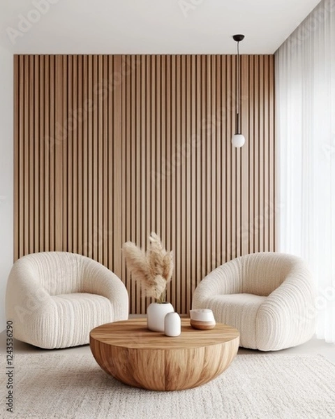 Obraz Scandinavian style cozy living room, warm oak paneled accent wall with vertical slats, plush beige boucle armchairs, round wooden coffee table, soft wool