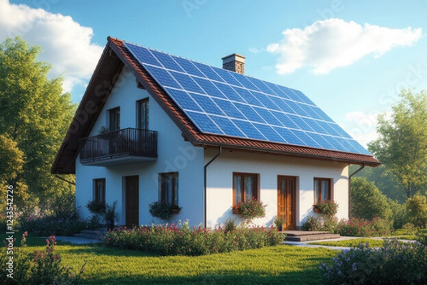 Obraz A country cottage with solar panels on the roof, grass and flowers around the lawn, a sunny day in a country house, electrification of a private house