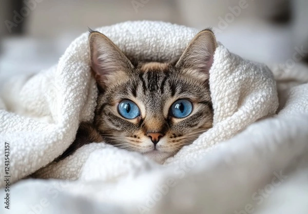 Fototapeta Cute tabby cat with bright blue eyes peeking out from a cozy white blanket, capturing a moment of warmth and comfort in a soft home environment