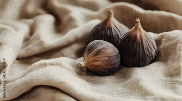 Fototapeta A few whole dried figs placed artfully on a soft beige linen cloth, their rich, dark color contrasting with the neutral tones of the cloth.