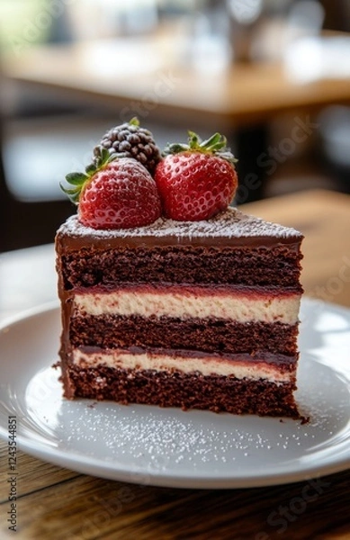Obraz Delicate French layered cake slice with chocolate and strawberry on white plate