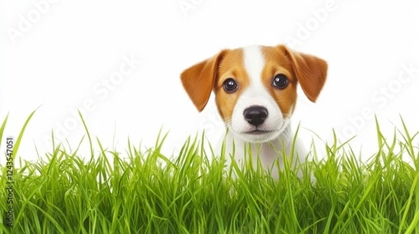 Fototapeta Cute Puppy Peeking Through Green Grass in Bright White Background