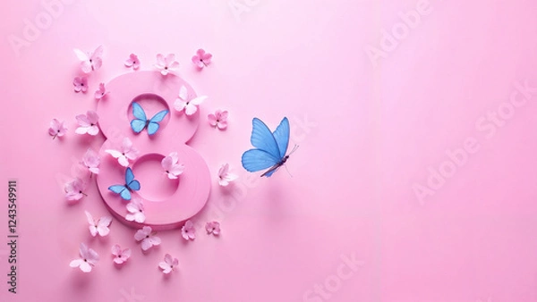 Obraz Colorful butterflies surround a large paper number eight on a soft pink background for a festive mood. March 8, Women's Day