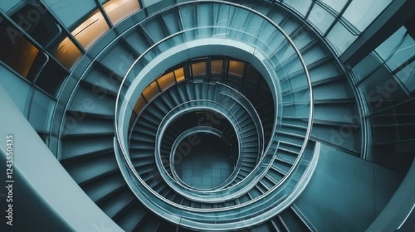 Fototapeta Spiral staircase inside a modern cylindrical building with glass floors