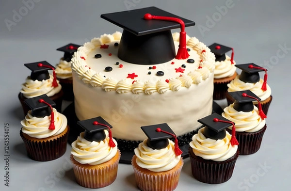 Fototapeta Graduation cupcakes and cake on grey background. Close-up of graduation cupcakes and cake with black caps and red tassels, arranged on a grey background, symbolizing celebration and academic success