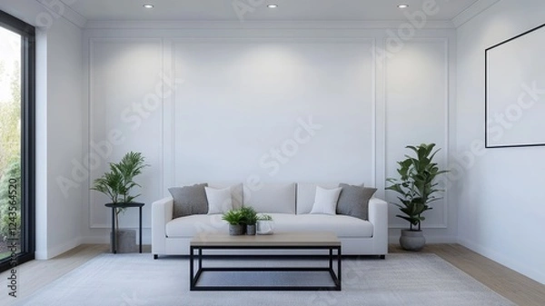 Fototapeta A modern, minimalist living room featuring a white sofa, a wooden coffee table, and green plants, illuminated by soft lighting.