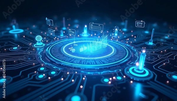 Fototapeta "A futuristic holographic interface with floating data charts and AI-driven analytics, symbolizing digital transformation, innovation, and high-tech business solutions."
