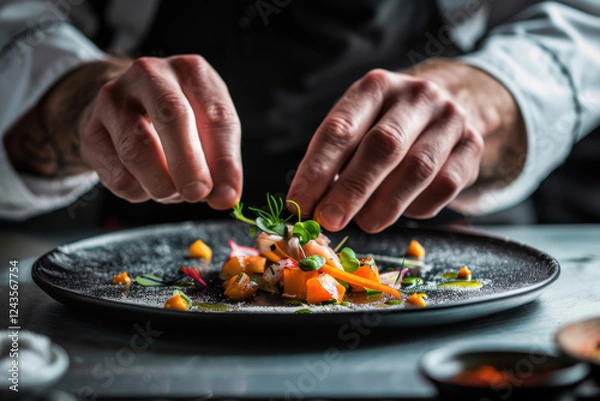 Obraz close up horizontal image of a fine dining chef finishing to plate a fancy dish