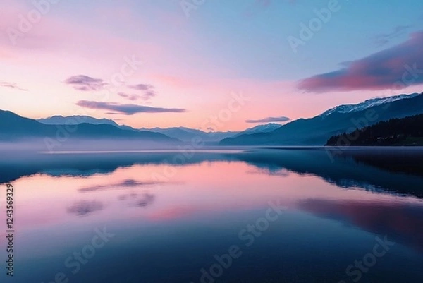 Fototapeta Stunning sunrise casts vibrant hues across tranquil lake reflecting majestic mountains and calm sky. Generative AI