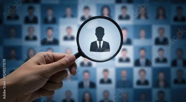Fototapeta The magnifying glass focuses on one face among many, highlighting the selection of the best specialists