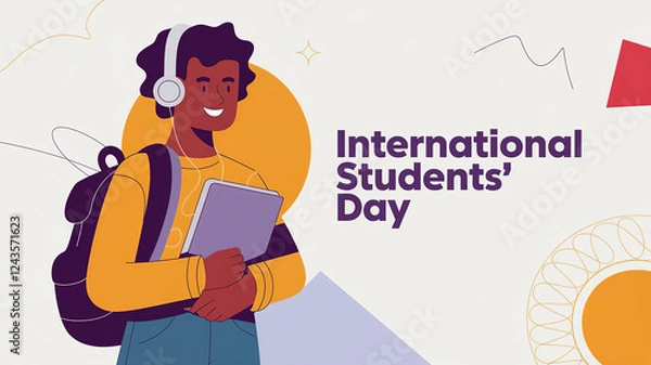Obraz International Students’ Day lettering modern greeting poster. Student man with headphones, backpack and tablet, generative ai