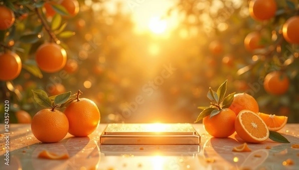 Fototapeta Luxurious background in orange grove at sunset, empty podium display for product presentation organic, spa, health, cosmetic, beauty