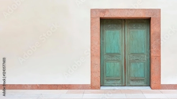 Fototapeta Vintage Green Door with Elegant Frame on Plain Wall Background