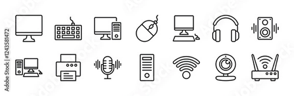 Fototapeta Computer or electronic devices thin line icon vector set. Contains monitor, keyboard, mouse, headphone, speaker, desktop, printer, microphone, network, camera, central processing unit, wifi, wireless