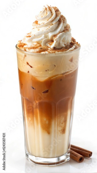 Fototapeta Iced Pumpkin Spice Latte with Creamy Whipped Topping and Cinnamon Sticks